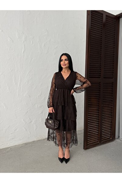 LİLA İSTANBUL Double Breasted Collar Lined Chiffon Dress