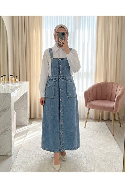 Modamorfo Worn-Out Detailed Buttoned Double Pocket Denim Salopet - Ice Blue