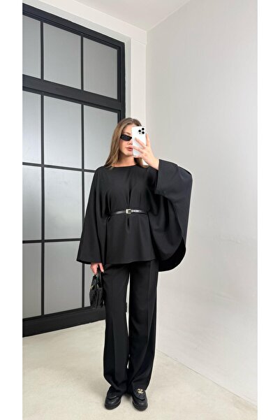 Gaus Siyah Kemerli Pelerinli Panço Beli Lastikli Pantolon Premium Takım GAUS-...