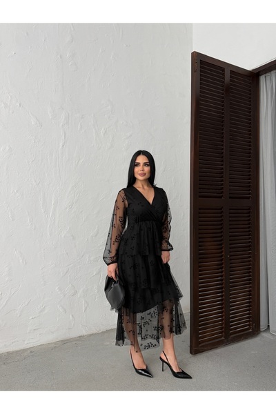 LİLA İSTANBUL Double Breasted Collar Lined Chiffon Dress