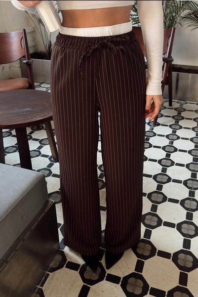 Swist Brown Striped Men's Tie-Detail Women's Pants