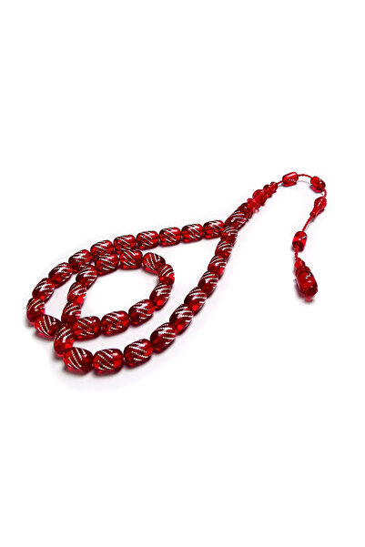 Tesbih Ruyasi Silver-Cut Capsule Cut Red Color Amber Prayer Beads