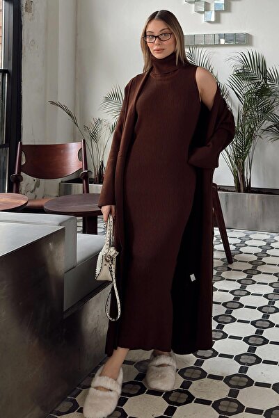 Swist Brown Turtleneck Zero Sleeve Midi Dress-Cardigan Women's Knitwear Set