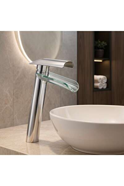 banyosepeti صنبور حوض غسيل من GlassCascade مصنوع من الكروم مع فوهة زجاجية على...