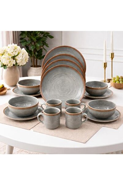 Generic Luxury Gray Porcelain Dinner Set with Circular Pattern – 16 Pieces