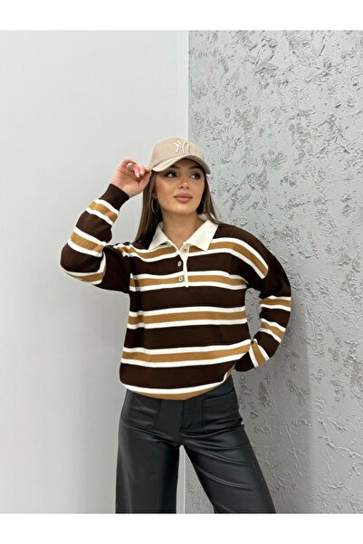 QADİSH Women's Polo Neck Buttoned Striped Knitwear Sweater
