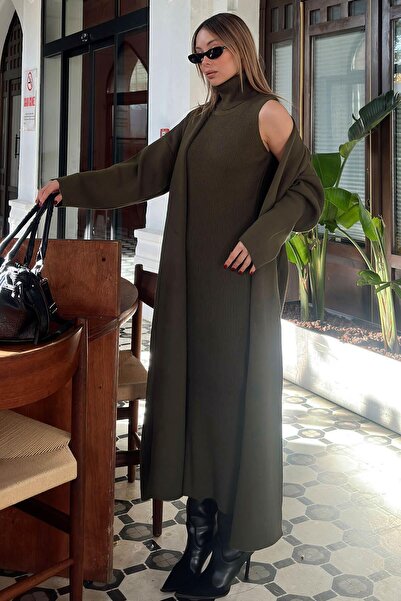 Swist Rochie midi cu guler înalt și mâneci zero, kaki - Set de tricotaje pent...