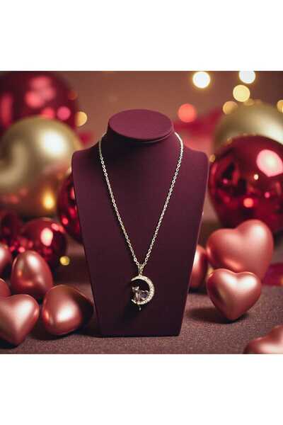 KUŞ TÜYÜ STORE Ayy Figürlü Kedi ve Kalp Taşlı Kolye / Zarif Şık Tasarım / Sev...