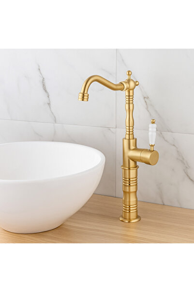 banyosepeti Valent Mat Gold Bowl Sink Faucet – Classic Ceramic Handle, High M...