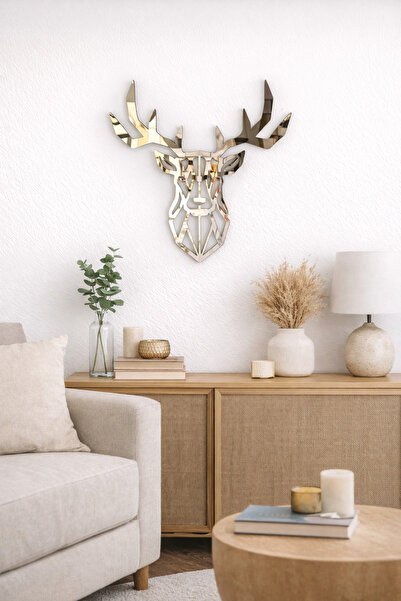 Aries Shopping Geyik Kafası Mdf Üzeri Gold Pleksi Duvar Dekorasyon Lazer Kesi...