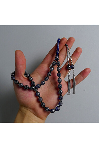 Tesbih Ruyasi Pyramid and Diamond Model Silver Embellished Blue Color Amber P...