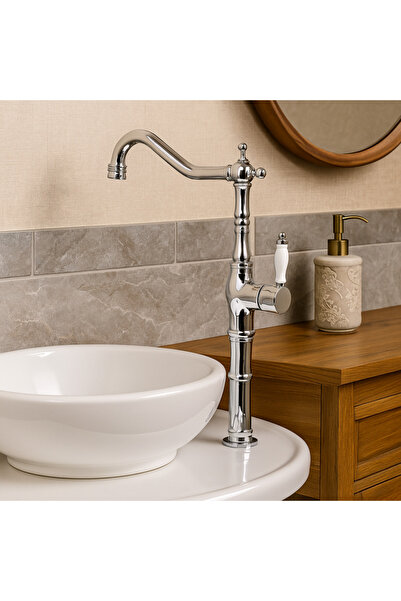 banyosepeti Valent Chrome Bowl Sink Faucet – Classic Ceramic Handle, High Model