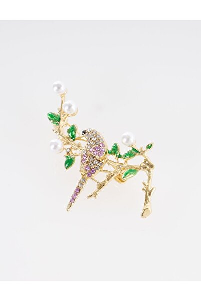 Kayra İnci Dalında Kuş Figürlü Broş Gold