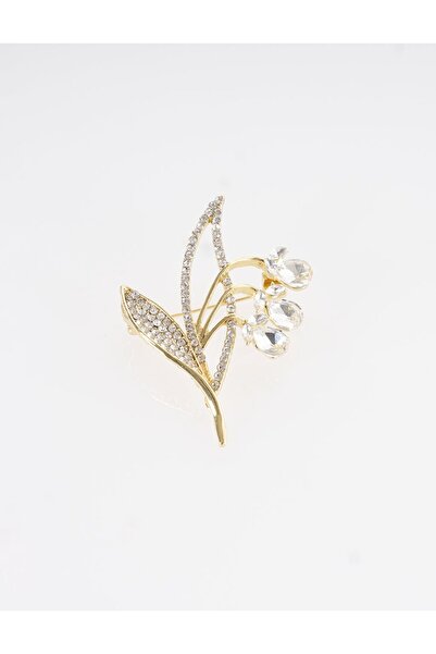 Kayra Çiçek Desenli Taşlı Broş Gold