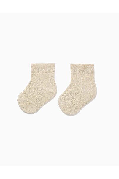 Ziddy جوارب مضلعة مزينة بخيوط لامعة وكشكشة للفتيات الصغيرات، ذهبية اللون