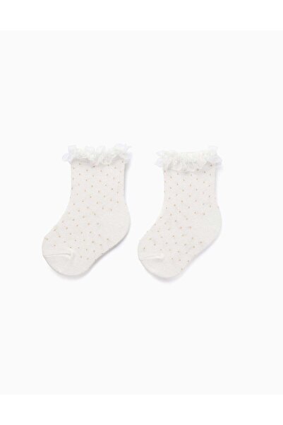 Ziddy جوارب بيضاء منقطة ومزينة بكشكشة للفتيات الصغيرات