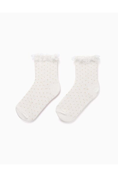 Ziddy جوارب بيضاء للبنات، منقطة ومزينة بكشكشة
