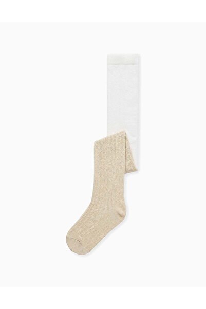 Ziddy جوارب طويلة مضلعة بخيوط لامعة للبنات، أبيض/ذهبي