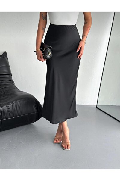 MODAM HİFA Women's Stylish Shiny Satin Skirt Elastic Flared Maxi Skirt