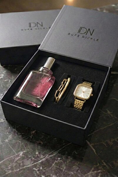 Duke Nickle Bileklikli Altın Metal Kordon Kare Kadın Kol Saati Parfüm Kutulu ...
