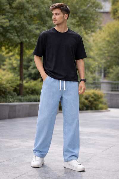 ECK MODA Men's Comfortable Fit Acid Washed Elastic Waist Lace-Up Baggy Model ...