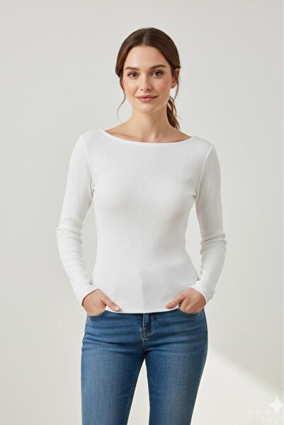 NO 601 Women's White Boat Neck Slim Fit Slim Fit Long Sleeve Corded Fabric Bl...