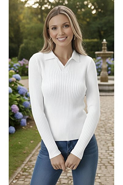 AQE FASHION Women's Knitwear Sweater White Polo Neck Long Sleeve Corded Fabri...