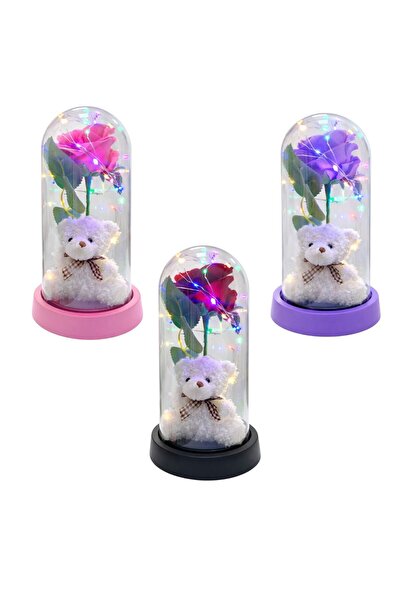 LOVE Artificial Rose 21cm, with LED Light with Teddy Bear 8.5cm, in Plastic D...