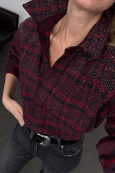 5in1Canpolat Burgundy Stone Detailed Checkered Shirt