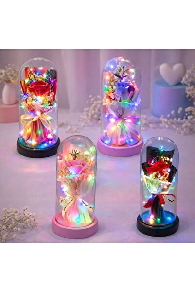 LOVE Artificial Rose 21cm Bouquet with Lace, Multicolor LED Light in Plastic ...