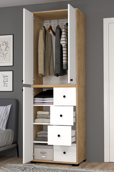 MOBİLİQUE Bükreş No.2 Çok Amaçlı Askılı 4 Çekmeceli 3 Raflı Dolap Safir-Beyaz