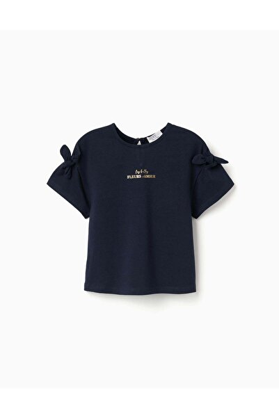 Ziddy تيشيرت للبنات مزين بطبعة وعقد زخرفية، لون أزرق داكن