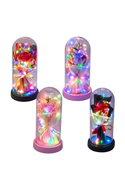 LOVE Artificial Rose 21cm Bouquet with Lace, Multicolor LED Light in Plastic ...