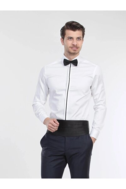 Kip White Plain Slim Fit Flat Cuff Classic Collar Tuxedo Shirts