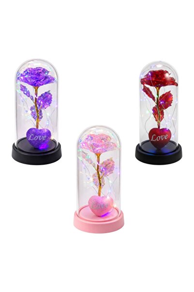 LOVE Trandafir Cristalizat 21cm cu Lumină LED Multicoloră cu Inima,în Cupolă ...