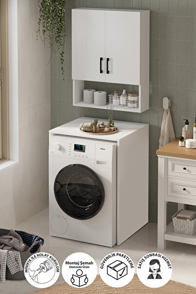 Bofigo Çamaşır Makinası Dolabı Kurutma Makinası Dolabı Banyo Dolabı Deniz Beyaz