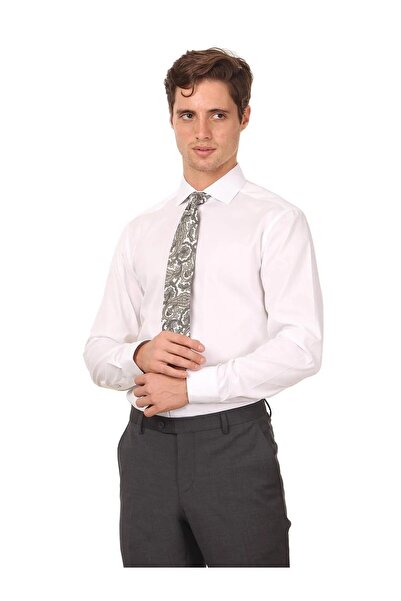 Kip White Plain Regular Fit Weaving Classical 100% Cotton Shirt