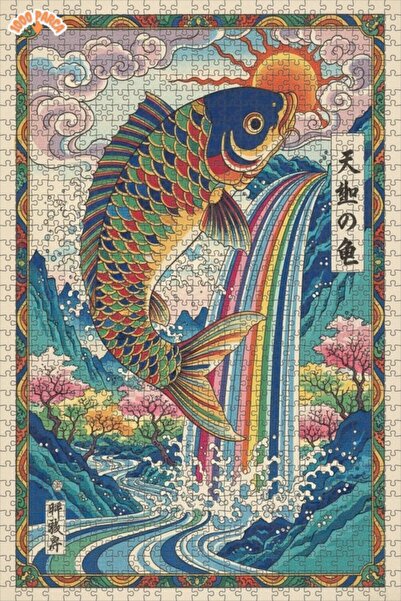 Teona Ahşap Colorful Koi Fish Splashing from the Rainbow Waterfall Double Lay...