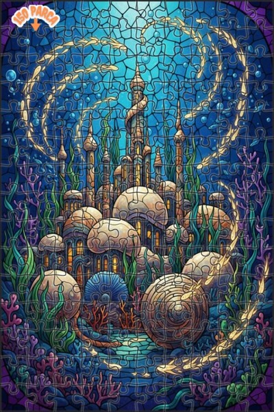 Teona Ahşap Mermaid Palace Stained Glass Look Wooden Puzzle Double Layer Fram...