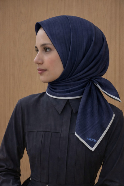 Aker Jacquard Sura Silk Scarf 7208404 - 322 Syr52979 Navy Blue Line Pattern