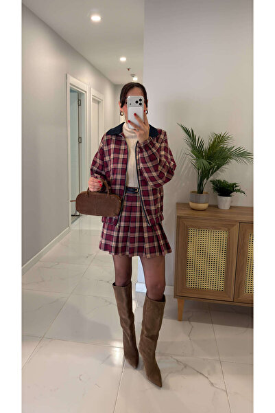 BİRCANÇİL Nuga Burgundy Tartan Premium пола с двойна колана и плисета