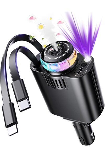 PUKON شاحن سيارة USB-C قابل للسحب 5 في 1 مع خاصية العلاج العطري وضوء النجوم