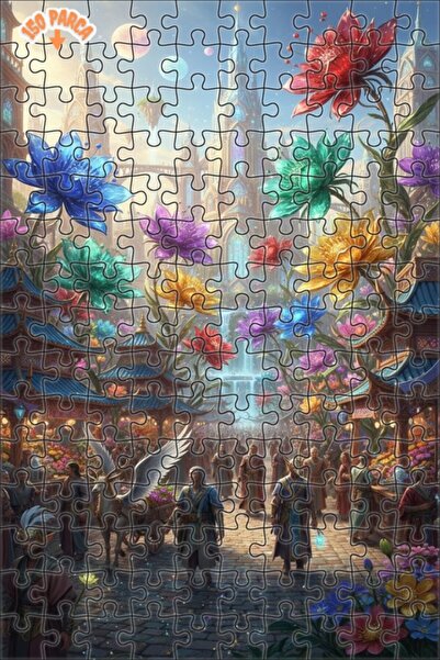 Teona Ahşap Fairytale City Flower Market Oil Painting Look Wooden Puzzle Doub...