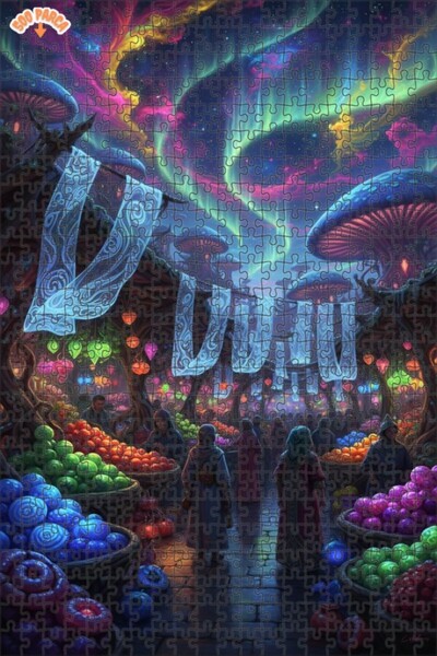 Teona Ahşap Fantastic Mushroom City Market Oil Painting Look Double-Decker Fr...