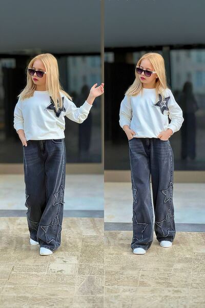 Minigimin Cicileri My Little Girl's Star Detailed Sequin Embroidered Jeans Pa...