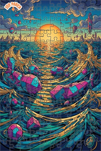 Teona Ahşap Surreal Geometric Fishes Oil Painting Look Double Layer Framed Wo...