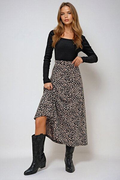 Trend Alaçatı Stili Women's Leopard Patterned Long Skirt with Elastic Waist a...