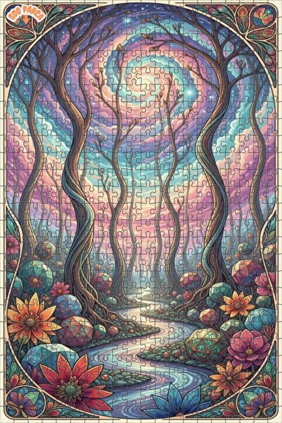 Teona Ahşap Mysterious Forest River Art Printed Double Layer Framed Wooden Pu...