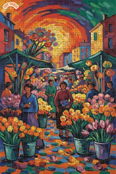 Teona Ahşap Flower Market Oil Painting Look Wooden Puzzle Double Layer Framed...