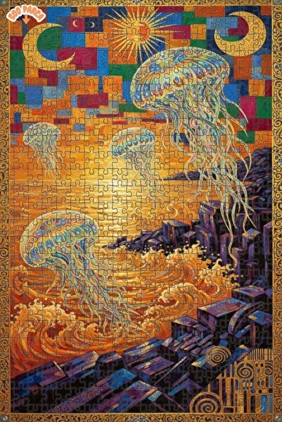 Teona Ahşap Majestic Jellyfish under the Seas Oil Painting Double-Layer Frame...